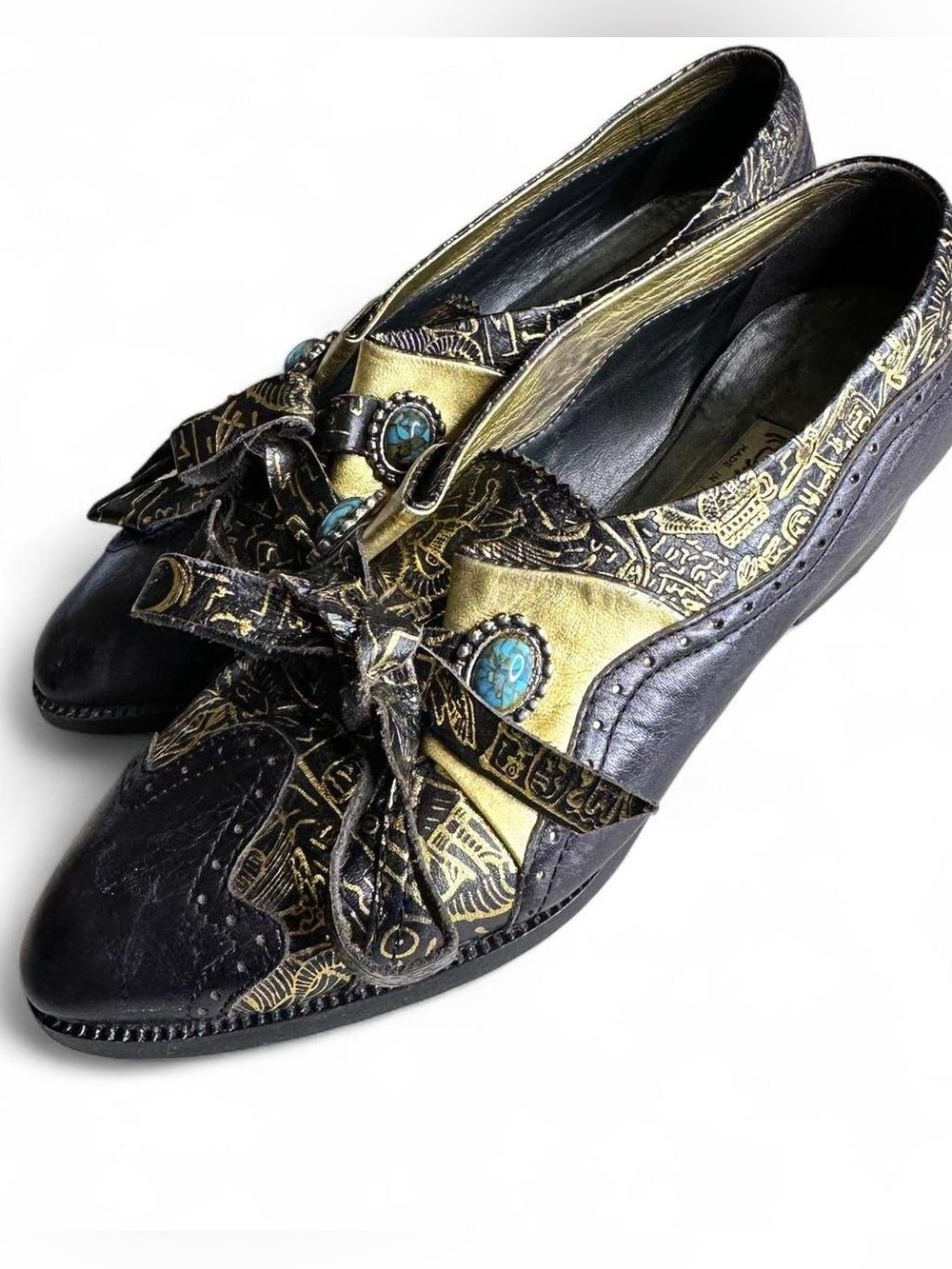Vintage Unique Black Gold Embellished Leather oxfords with Turquoise Accents